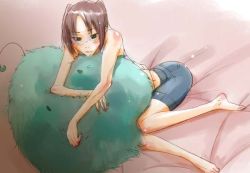 Rule 34 | 00s, 1girl, amasawa yuuko, bare legs, bare shoulders, barefoot, bed sheet, blush, brown eyes, brown hair, dennou coil, from above, full body, glasses, heart, mojo (dennou coil), hugging object, pillow, pillow hug, short hair, solo, twintails