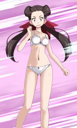 Rule 34 | 1girl, bra, breasts, brown hair, cleavage, collarbone, creatures (company), floating hair, game freak, highres, long hair, looking at viewer, low twintails, medium breasts, nintendo, open mouth, panties, pokemon, pokemon oras, purple background, red eyes, red ribbon, ribbon, ribbon bra, ribbon panties, roxanne (pokemon), scared, solo, standing, sweatdrop, tsukishiro saika, twintails, underwear, underwear only, very long hair, wavy mouth, white bra, white panties