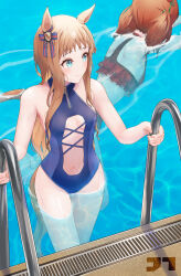 Rule 34 | 2girls, absurdres, animal ears, artist logo, bare shoulders, bikini, blue eyes, blue one-piece swimsuit, breasts, breasts apart, brown hair, casual one-piece swimsuit, caustics, closed mouth, commentary, frilled bikini, frills, grass wonder (umamusume), hair ornament, hair ribbon, highleg, highleg swimsuit, highres, horse ears, horse girl, horse tail, jtleeklm, long hair, multiple girls, navel, nice nature (umamusume), one-piece swimsuit, outdoors, pool ladder, poolside, red bikini, revision, ribbon, small breasts, smile, solo focus, standing, swimming, swimsuit, tail, twintails, umamusume, wading, water, watermark, wet