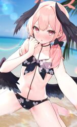 Rule 34 | 1girl, absurdres, beach, bikini, black bikini, black bow, black wings, blue archive, blush, bow, collarbone, feathered wings, flat chest, floral print, front-tie bikini top, front-tie top, hair bow, hair over shoulder, halo, haru (re ilust), head wings, highres, koharu (blue archive), koharu (swimsuit) (blue archive), long hair, looking at viewer, low twintails, low wings, official alternate costume, outdoors, pink eyes, pink hair, print bikini, solo, swimsuit, twintails, wings