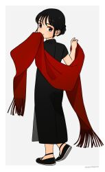 Rule 34 | 1girl, akai sashimi, artist name, black dress, black eyes, black footwear, black hair, border, covering own mouth, dress, from behind, grey background, hair bun, highres, holding, holding clothes, holding scarf, long dress, looking at viewer, original, red scarf, scarf, short sleeves, side slit, sidelocks, signature, simple background, solo, standing, white border