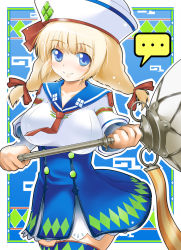 Rule 34 | ..., 1girl, bad id, bad pixiv id, blonde hair, blue eyes, blush, bow, capcom, dixie cup hat, female focus, hair bow, hat, military hat, miniskirt, mocchisake, monster hunter, monster hunter (series), monster hunter 3 g, necktie, quest receptionist (monster hunter 3 ultimate), sailor, skirt, solo, thighhighs, zettai ryouiki