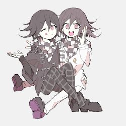 Rule 34 | 2boys, bad id, bad pixiv id, checkered clothes, checkered scarf, danganronpa (series), danganronpa v3: killing harmony, hand up, mamiichi, multiple boys, one eye closed, open mouth, oma kokichi, purple eyes, purple hair, scarf, simple background, sitting, sitting on person, smile, straitjacket, tongue, tongue out