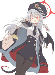 Rule 34 | 1girl, :d, arm behind back, bag, black hat, black necktie, black pantyhose, black skirt, black tail, blue archive, blush, bow, braid, coat, coat on shoulders, collared shirt, feet out of frame, frilled shirt, frills, grey hair, hair bow, halo, hand up, handbag, haruna (blue archive), hat, high-waist skirt, long hair, long sleeves, looking at viewer, military hat, necktie, open mouth, pantyhose, peaked cap, red eyes, satou kibi, shirt, shirt tucked in, side braid, simple background, single braid, single wing, skirt, smile, solo, tail, white background, white shirt, wings