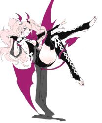 Rule 34 | 1girl, alternate costume, ass, black choker, black nails, black thighhighs, blonde hair, blue eyes, blush, breasts, choker, cleavage, danganronpa: trigger happy havoc, danganronpa (series), demon girl, earrings, enoshima junko, fingerless gloves, gloves, grey background, hair ornament, heart, jewelry, knees up, long hair, looking at viewer, nail polish, necklace, parted lips, simple background, smile, solo, stirrup legwear, thighhighs, toeless legwear, toenail polish, toenails, tuteurfars shin, twintails, wings