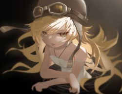 Rule 34 | 1girl, 2entea, bare shoulders, blonde hair, blurry, blurry foreground, dress, goggles, goggles on headwear, helmet, highres, long hair, looking at viewer, monogatari (series), motorcycle helmet, oshino shinobu, slit pupils, solo, strap slip, tongue, tongue out, very long hair, white dress, yellow eyes