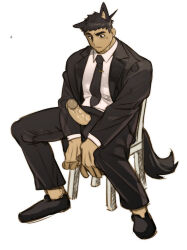 Rule 34 | 1boy, animal ears, bara, dark-skinned male, dark skin, dog boy, dog ears, dog tail, ear down, erection, formal, full body, girthy penis, highres, looking at penis, male focus, necktie, on chair, open fly, original, penis, shirt, short hair, sideburns, sitting, solo, spread legs, suit, tail, thick eyebrows, uncensored, uza (hellme), white background, white shirt