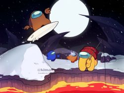 Rule 34 | among us, beanie, blue (among us), brown (among us), commentary request, crewmate (among us), disembodied hand, fishing rod, hat, helmet, highres, holding, holding fishing rod, kiman, lava, moon, night, night sky, orange (among us), outdoors, polus (henry stickmin), sky, snow, snowball, snowball fight, snowboarding, space helmet, spacesuit, surfboard, surfing, twitter username, watermark, yellow (among us)