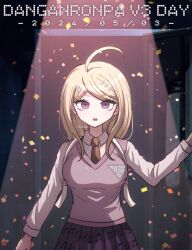Rule 34 | 1girl, ahoge, akamatsu kaede, blonde hair, breasts, collared shirt, danganronpa (series), danganronpa v3: killing harmony, fortissimo, hair ornament, large breasts, long hair, long sleeves, looking at viewer, mikao (eanv5385), musical note, musical note hair ornament, necktie, open mouth, pink sweater vest, pleated skirt, shirt, skirt, sweater vest, white shirt