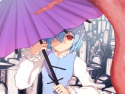 Rule 34 | 1girl, abstract background, absurdres, blue eyes, blue hair, blue vest, closed mouth, collared shirt, commentary request, frilled sleeves, frills, hair between eyes, hair over one eye, hands up, heterochromia, highres, holding, holding umbrella, juliet sleeves, karakasa obake, long sleeves, long tongue, oil-paper umbrella, popped collar, puffy sleeves, red eyes, senzaicha kasukadoki, shirt, short hair, smile, solo, tatara kogasa, tongue, touhou, umbrella, upper body, vest, white shirt