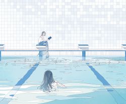 2girls black_hair book canai commentary_request holding holding_book long_hair looking_at_another mermaid monster_girl multiple_girls open_book original pool scenery shirt short_hair sitting swimming tile_wall tiles water white_shirt