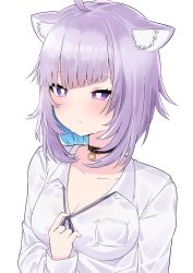 Rule 34 | 1girl, absurdres, ahoge, animal collar, animal ear fluff, animal ears, arm up, blush, breasts, bright pupils, cat ears, cleavage, collar, collarbone, commentary request, hand on own chest, highres, holding, holding ribbon, hololive, jewelry, large breasts, light frown, looking to the side, nekomata okayu, nekomata okayu (oversized shirt), official alternate costume, partial commentary, pendant, purple eyes, purple hair, ribbon, shirt, short hair, simple background, solo, standing, sweat, tsukimirin, upper body, virtual youtuber, white background, white pupils, white shirt