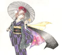 Rule 34 | 1girl, brown eyes, brown hair, floral print, ginkgo tree, ginkgo leaf, hair ornament, hair stick, hand up, highres, holding, holding leaf, japanese clothes, kanzashi, kimono, leaf, lee (ruria), lips, looking to the side, meiko (vocaloid), oil-paper umbrella, project diva (series), shawl, short hair, simple background, solo, umbrella, vocaloid, white background, yagasuri