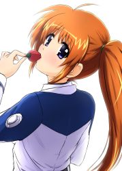 Rule 34 | 1girl, blue eyes, blue jacket, brown hair, commentary request, diesel-turbo, eating, food, fruit, highres, holding, holding food, jacket, looking at viewer, looking back, lyrical nanoha, mahou shoujo lyrical nanoha, side ponytail, sidelocks, simple background, solo, strawberry, takamachi nanoha, upper body, white background, white jacket