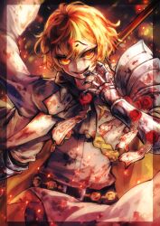 Rule 34 | 1boy, armor, blonde hair, blood, blood on face, choma0215, cowboy shot, fire, formal, gauntlets, grin, highres, limbus company, male focus, project moon, short hair, sinclair (project moon), smile, solo, suit, white suit, yellow eyes