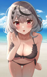 Rule 34 | 1girl, :d, absurdres, arm at side, bare arms, bare shoulders, beach, bikini, black bikini, black hair, blush, braid, breasts, cleavage, cowboy shot, day, duplicate, fang, frilled bikini, frills, front-tie bikini top, front-tie top, grey hair, hair ornament, halterneck, hand up, highres, hisui (user zvkr2432), hololive, large breasts, looking at viewer, multicolored hair, ocean, open mouth, outdoors, parted lips, pixel-perfect duplicate, red eyes, sakamata chloe, short hair, side-tie bikini bottom, smile, solo, streaked hair, sunlight, swimsuit, thigh gap, thighs, virtual youtuber, water, wet, x hair ornament