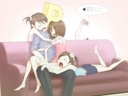 Rule 34 | 1boy, 4girls, bare shoulders, barefoot, brown hair, camcorder, camisole, couch, closed eyes, feet, futami ami, futami mami, hagiwara yukiho, hand fan, hot, hug, hug from behind, idolmaster, idolmaster (classic), lying, microphone, multiple girls, on stomach, open mouth, otonashi kotori, p-head producer, paper fan, producer (idolmaster), puton, recording, short hair, siblings, sisters, sitting, toes, twins, uchiwa, video camera, what