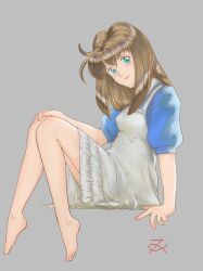 Rule 34 | 1girl, antenna hair, barefoot, blue shirt, brown hair, dress, feet, green eyes, grey background, hand on own knee, head tilt, highres, looking at viewer, original, pinafore dress, puffy sleeves, shirt, signature, simple background, sitting, sleeveless, sleeveless dress, solo, tarafuque, toes, white dress