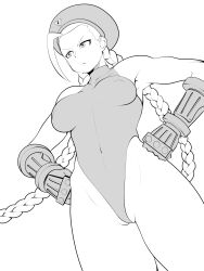 Rule 34 | 1girl, absurdres, asha, beret, braid, breasts, cammy white, closed mouth, commentary request, covered erect nipples, covered navel, cowboy shot, from below, frown, gauntlets, greyscale, hands on own hips, hat, highleg, highleg leotard, highres, leotard, long hair, looking afar, medium breasts, monochrome, partially visible vulva, simple background, sleeveless turtleneck leotard, solo, street fighter, thong leotard, twin braids, v-shaped eyebrows, very long hair