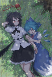 Rule 34 | 2girls, arm hug, black hair, black ribbon, black skirt, black wings, blue dress, blue hair, blue ribbon, blush, cirno, collared shirt, commentary request, dress, drooling, grass, hair ribbon, hat, highres, holding own arm, ice, ice wings, juliet sleeves, long sleeves, looking at another, low wings, lying, lying on person, messy hair, multiple girls, neck ribbon, on back, puffy sleeves, red eyes, red hat, red ribbon, ribbon, roke (taikodon), shameimaru aya, shirt, short hair, short sleeves, skirt, sleeping, sleeping on person, sleeveless, sleeveless dress, smile, tokin hat, touhou, tree, tree shade, unworn hat, unworn headwear, white dress, white shirt, wings