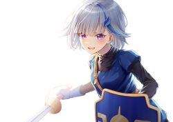 Rule 34 | 1girl, :d, absurdres, black shirt, blue gloves, blue tunic, blunt bangs, blush, gloves, hair ornament, hairclip, highres, holding, holding shield, holding sword, holding weapon, lize helesta, long sleeves, multicolored hair, nijisanji, open mouth, pink eyes, shield, shinaritu, shirt, short hair, silver hair, simple background, smile, solo, streaked hair, sword, virtual youtuber, weapon, white background