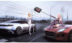 Rule 34 | 2girls, absurdres, aston martin, aston martin db11, azur lane, backless leotard, breasts, car, cleavage, dress, duke of york (azur lane), duke of york (prestige of the glorious formula) (azur lane), elbow gloves, full body, gloves, high heels, highres, incredibly absurdres, jaguar (car), jaguar f-type, jaguar f-type r, kcar66t, leotard, md5 mismatch, motor vehicle, multiple girls, official alternate costume, outdoors, prince of wales (azur lane), prince of wales (the laureate&#039;s victory lap) (azur lane), product placement, race queen, resolution mismatch, road, royal navy emblem (azur lane), sign, source larger, sports car, thighhighs, union jack, vehicle focus