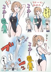 Rule 34 | 1girl, 2boys, ass, black one-piece swimsuit, blue eyes, commentary request, competition swimsuit, cowboy shot, highleg, highleg swimsuit, highres, intrepid (kancolle), kakincho, kantai collection, light brown hair, multiple boys, multiple views, one-piece swimsuit, ponytail, short hair, stretching, swim cap, swimsuit, translation request, whistle, whistle around neck