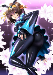 Rule 34 | :p, ass, ass focus, ass grab, bad end precure, blue nails, blue skirt, bodysuit, breasts, brown hair, corruption, dark persona, frilled sleeves, frills, hair ribbon, latex, latex bodysuit, long sleeves, medium breasts, nail polish, non-web source, precure, puffy long sleeves, puffy sleeves, ribbon, sen (sansui), shiny clothes, short hair, skirt, smile precure!, straight hair, suzumiya haruhi, suzumiya haruhi no yuuutsu, tongue, tongue out, yellow eyes, yellow ribbon