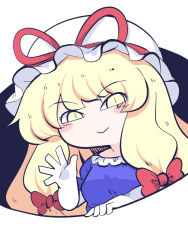 Rule 34 | 1girl, blonde hair, blush stickers, chahan (fried rice0614), closed mouth, dress, elbow gloves, gap (touhou), gloves, hat, hat ribbon, highres, long hair, mob cap, one-hour drawing challenge, purple dress, red ribbon, ribbon, simple background, smile, solo, touhou, white background, white gloves, white hat, yakumo yukari, yellow eyes