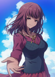 Rule 34 | 1girl, asada hachi, banned artist, blue sky, breasts, closed mouth, cloud, cloudy sky, collarbone, commentary request, day, dress, happy, highres, long hair, long sleeves, looking at viewer, medium breasts, natsumi rikako, outdoors, outstretched hand, parfait chocolat second brew, pink eyes, pleated dress, purple hair, reaching, reaching towards viewer, red dress, ribbon, sky, smile, solo, standing, twitter username, watermark, yellow ribbon
