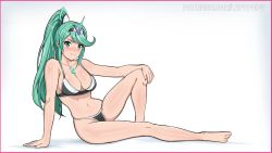 Rule 34 | 1girl, arm support, bare legs, bare shoulders, barefoot, bikini, black bikini, blush, breasts, cleavage, closed mouth, collarbone, commission, eyelashes, female focus, gem, green eyes, green hair, hair ornament, hand on own knee, headpiece, high ponytail, highres, knee up, large breasts, lepypepy, long hair, looking at viewer, matching hair/eyes, midriff, navel, nintendo, patreon username, pneuma (xenoblade), ponytail, shiny skin, sidelocks, simple background, sitting, smile, solo, swimsuit, thighs, toes, watermark, web address, white background, white bikini, xenoblade chronicles (series), xenoblade chronicles 2