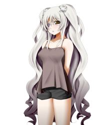 Rule 34 | 00s, arms behind back, bare shoulders, brown eyes, camisole, chemical-x, eyepatch, kirakishou, long hair, aged up, rozen maiden, shorts, silver hair, solo, very long hair