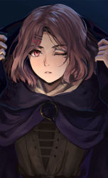 Rule 34 | 1girl, arms up, blue cloak, brown dress, brown hair, cloak, commentary request, dress, elden ring, facial tattoo, hair ornament, hairclip, higuchi madoka, hood, hooded cloak, lips, looking at viewer, melina (elden ring), one eye closed, parted lips, pink lips, short hair, solo, tattoo, teeth, upper body, wavy hair, wolf9, yellow eyes