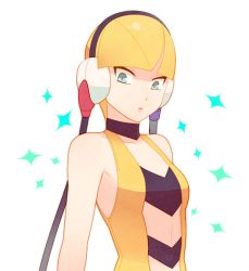 Rule 34 | 1girl, bare arms, blonde hair, blunt bangs, closed mouth, collarbone, commentary request, creatures (company), elesa (pokemon), game freak, green eyes, headphones, jaho, nintendo, pokemon, pokemon bw, short hair, simple background, sleeveless, solo, sparkle, transparent background, upper body, white background