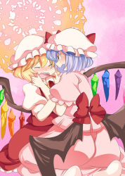 Rule 34 | 2girls, bad id, bad pixiv id, bat wings, blonde hair, blue hair, blush, bow, brushing teeth, closed eyes, commentary request, female focus, flandre scarlet, hammer (sunset beach), hat, large bow, low wings, multiple girls, no shoes, open mouth, pink background, red eyes, remilia scarlet, seiza, short hair, siblings, sisters, sitting, skirt, skirt set, teeth, toothbrush, touhou, wince, wings