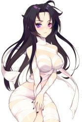 Rule 34 | 1000marie, 1girl, bandages, bandages, black hair, blush, breasts, hair down, heterochromia, highres, lab rat rabian, long hair, looking at viewer, medium breasts, mummy, nail polish, naked bandage, official art, open mouth, purple eyes, resized, soccer spirits, solo, transparent background, upscaled