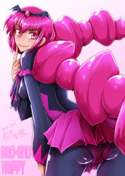 Rule 34 | 10s, 1girl, 2015, bad end happy, bad end precure, black bodysuit, blush, bodysuit, character name, dated, gradient background, long hair, looking back, meteo snow, miniskirt, panties, pink background, pink eyes, pink hair, pink panties, pink skirt, precure, skirt, smile, smile precure!, solo, twintails, underwear, white background