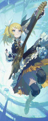Rule 34 | 1girl, absurdres, aqua eyes, bass guitar, black bow, black thighhighs, blonde hair, blue background, blurry, boots, bow, bubble, depth of field, detached sleeves, dress, flying, frilled dress, frills, full body, gold trim, gothic lolita, guitar, hair ornament, highres, holding, holding instrument, instrument, kagamine rin, kagamine rin (roshin yuukai), kagamine rin (roshin yuukai/hard rkmix), knee boots, layered dress, lolita fashion, looking afar, looking away, medium hair, midair, modare, nail polish, nuclear reactor, plectrum, puffy sleeves, roshin yuukai (vocaloid), smile, solo, striped clothes, striped thighhighs, swept bangs, thighhighs, twintails, two-tone dress, vertical-striped clothes, vertical-striped thighhighs, vocaloid, white bow, white footwear, yellow nail polish, yellow nails, zettai ryouiki