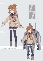 Rule 34 | 1girl, anchor symbol, black sailor collar, black skirt, black thighhighs, brown eyes, brown hair, brown sweater, character name, folded ponytail, full body, grey background, highres, hood, hooded sweater, hoodie, inazuma (kancolle), kantai collection, long hair, long sleeves, looking at viewer, machinery, minosu, neckerchief, original remodel (kantai collection), outstretched arms, pleated skirt, red neckerchief, rudder footwear, sailor collar, school uniform, serafuku, shirt, skirt, solo, standing, sweater, thighhighs, torpedo launcher, white shirt