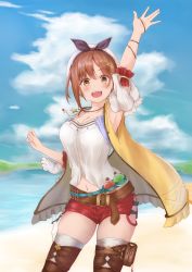 Rule 34 | 1girl, absurdres, armpits, atelier (series), atelier ryza, atelier ryza 1, beach, belt, blue belt, blue sky, bridal legwear, brown belt, cloud, day, flask, hair ornament, hairclip, halterneck, highres, jacket, jewelry, lake, leather belt, necklace, pouch, red shorts, reisalin stout, round-bottom flask, short shorts, shorts, sky, sleeveless, sleeveless jacket, star (symbol), star necklace, tan (kiriya0752), thick thighs, thigh pouch, thighs, vial, waving arm, white headwear, yellow jacket