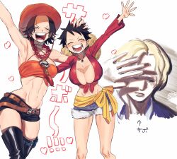 Rule 34 | 1boy, 2girls, :d, black hair, black shorts, blonde hair, blush, breasts, cleavage, closed eyes, cowboy hat, denim, denim shorts, eyelashes, genderswap, genderswap (mtf), happy, hat, highres, large breasts, looking at viewer, midriff, monkey d. luffy, multiple girls, navel, one piece, open mouth, portgas d. ace, red shirt, sabo (one piece), scar, shirt, short hair, short shorts, shorts, simple background, smile, somemiya (momimimiya), source request, standing, straw hat, thighhighs, thighs, translation request, white background