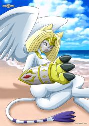 Rule 34 | 1girl, armor, beach, blush, bottomless, breasts, cat, cleft of venus, digimon, egyptian, furry, gloves, headpiece, jewelry, mask, monster, monster girl, nefertimon, palcomix, sand, shoulder pads, sphinx, tail, wings