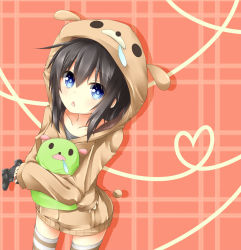 Rule 34 | 1girl, animal costume, black hair, blush, chabaneko, controller, game controller, heart, heart of string, hood, hoodie, looking at viewer, solo, striped clothes, striped thighhighs, tarutaru22, thighhighs