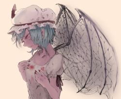 Rule 34 | 1girl, bat wings, blood, blood on clothes, blood on face, blue hair, breasts, collarbone, fingernails, from side, hands on own chest, hat, hat ribbon, highres, igarashi yuusuke (wabisabi buriki), mob cap, nail polish, pointy ears, puffy short sleeves, puffy sleeves, red eyes, red nails, red ribbon, remilia scarlet, ribbon, sharp fingernails, short hair, short sleeves, small breasts, solo, touhou, upper body, white hat, white wings, wings