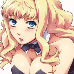 Rule 34 | 1girl, animal ears, blonde hair, blue eyes, blush, bow, bowtie, breasts, cleavage, fake animal ears, female focus, hairu, large breasts, lowres, macross, macross frontier, playboy bunny, rabbit ears, sheryl nome, solo, white background