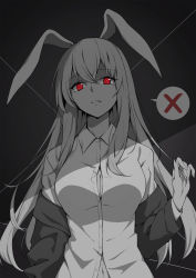 Rule 34 | 1girl, absurdres, animal ears, arm at side, baseness, breasts, cleavage, collared shirt, dark background, dress shirt, highres, jacket, large breasts, long sleeves, looking at viewer, monochrome, navel, no bra, official style, open clothes, open jacket, parted lips, rabbit ears, rabbit girl, red eyes, reisen udongein inaba, shirt, solo, speech bubble, spoken x, spot color, touhou, upper body, wing collar