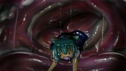 Rule 34 | 1girl, blue hair, cirno, highres, on stomach, one eye closed, open mouth, touhou, vore, yukise mikono