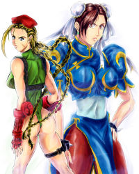 Rule 34 | 2girls, ass, blonde hair, blue dress, blue eyes, bracelet, breasts, brown eyes, brown hair, brown legwear, bun cover, cammy white, capcom, china dress, chinese clothes, chun-li, dress, earrings, gears, highres, ink, jewelry, lips, medium breasts, multiple girls, outline, penzoom, ponytail, scar, scar on face, shade, short hair, spiked bracelet, spikes, street fighter, street fighter v