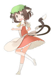 Rule 34 | 1girl, :d, animal ears, apron, brown eyes, brown hair, cat ears, cat girl, cat tail, chen, female focus, hat, looking at viewer, looking back, multiple tails, nakashino setsu, no shoes, open mouth, petticoat, simple background, smile, socks, solo, tail, touhou, white background, white socks