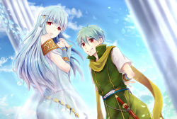 Rule 34 | 1boy, 1girl, aqua hair, blue dress, blue hair, blue sky, boots, brother and sister, cape, circlet, commentary request, dress, fire emblem, fire emblem: the blazing blade, green tunic, hair ornament, long hair, looking at viewer, nils (fire emblem), ninian (fire emblem), nintendo, own hands clasped, own hands together, red eyes, scarf, short hair, siblings, simple background, sky, smile, taiga kazame, yellow scarf